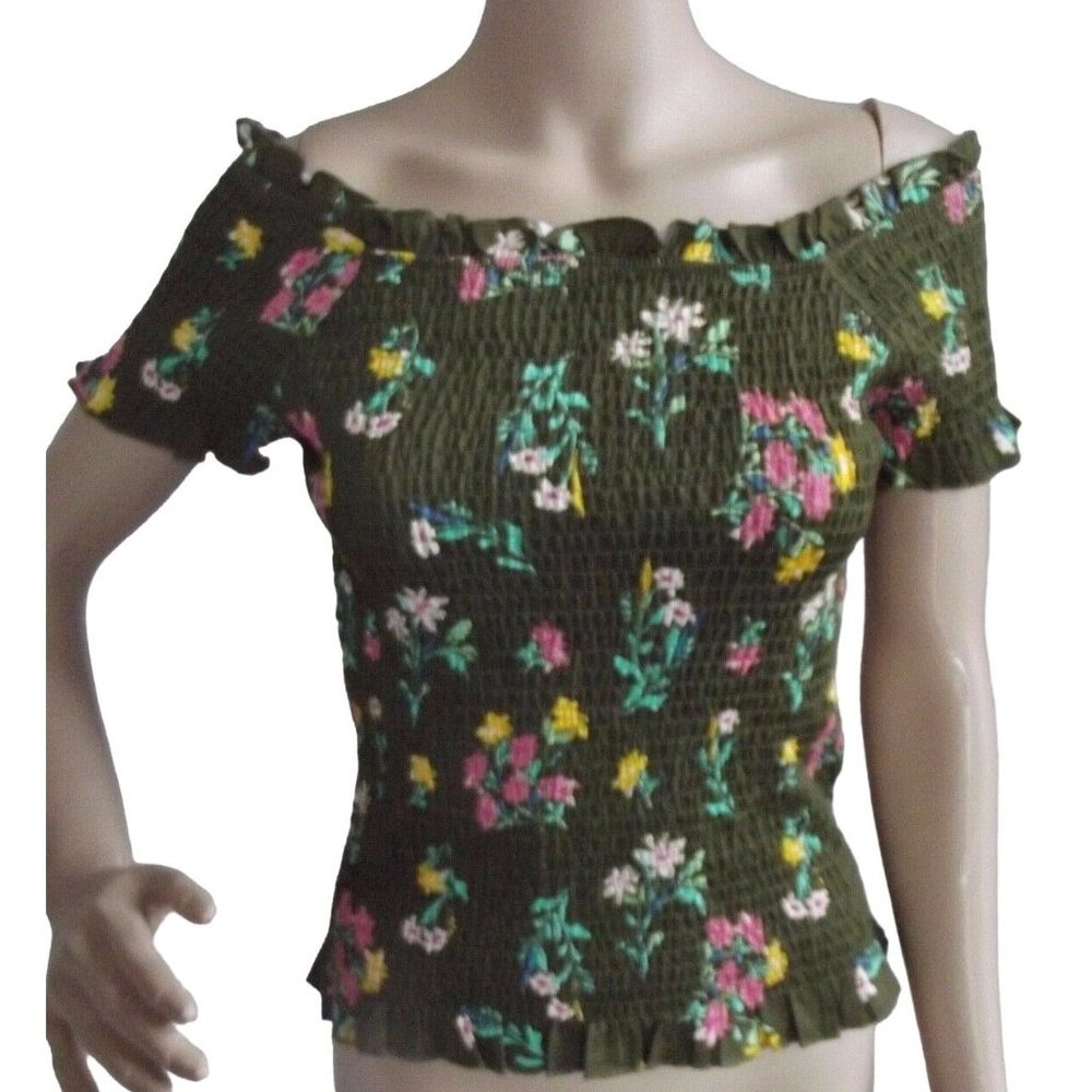 Milkmaid Top Size Medium Green Floral Smocked Shirred Off Shoulder Shirt Bardot